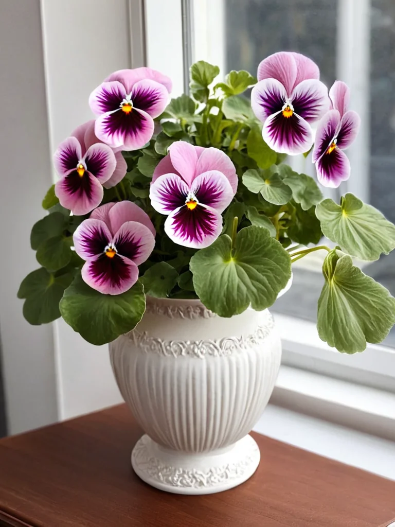 detailed, pink viola by ingrid-elias-style in a white flower vase, in a room, sitting on a table with a  window in one wall<lora:ingrid_elias_style:1>