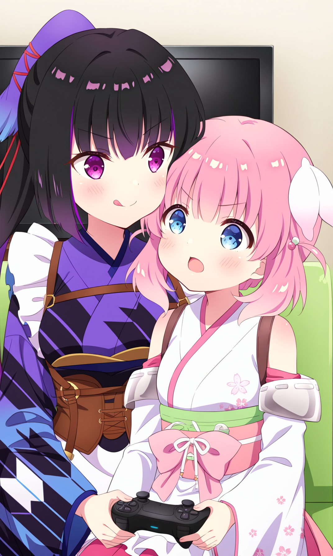 masterpiece, best quality, zzhaizakura,  zzKarasuba, 2girls, multiple girls, solos, face-to-face, pink hair, tongue, tongue out, controller, siblings, blue eyes, cheek-to-cheek, hair ornament, black hair, wa maid, holding, purple eyes, multcolored hair, bow, bare shoulders, detached sleeves, japanese clothes, purple hair, playing games, holding controller, game controller, short hair, couch, bangs, holding game controller, open mouth, long sleeves, apron, kimono, wide sleeves, kimono, sash, obi, floral print, pink bow, white kimono, sleeveless kimono, upper body, maid, maid apron, wide sleeves, frills, corset, ribbon, white apron, :q, v-shaped eyebrows, sitting, short hair, long hair, height difference frilled apron, skirt, age difference, long sleeves, indoors, purple kimono, blush, child, television, :p, pillow