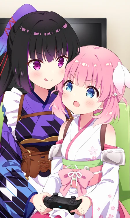 masterpiece, best quality, zzhaizakura, zzKarasuba, 2girls, multiple girls, solos, face-to-face, pink hair, tongue, tongue out, controller, siblings, blue eyes, cheek-to-cheek, hair ornament, black hair, wa maid, holding, purple eyes, multcolored hair, bow, bare shoulders, detached sleeves, japanese clothes, purple hair, playing games, holding controller, game controller, short hair, couch, bangs, holding game controller, open mouth, long sleeves, apron, kimono, wide sleeves, kimono, sash, obi, floral print, pink bow, white kimono, sleeveless kimono, upper body, maid, maid apron, wide sleeves, frills, corset, ribbon, white apron, :q, v-shaped eyebrows, sitting, short hair, long hair, height difference frilled apron, skirt, age difference, long sleeves, indoors, purple kimono, blush, child, television, :p, pillow