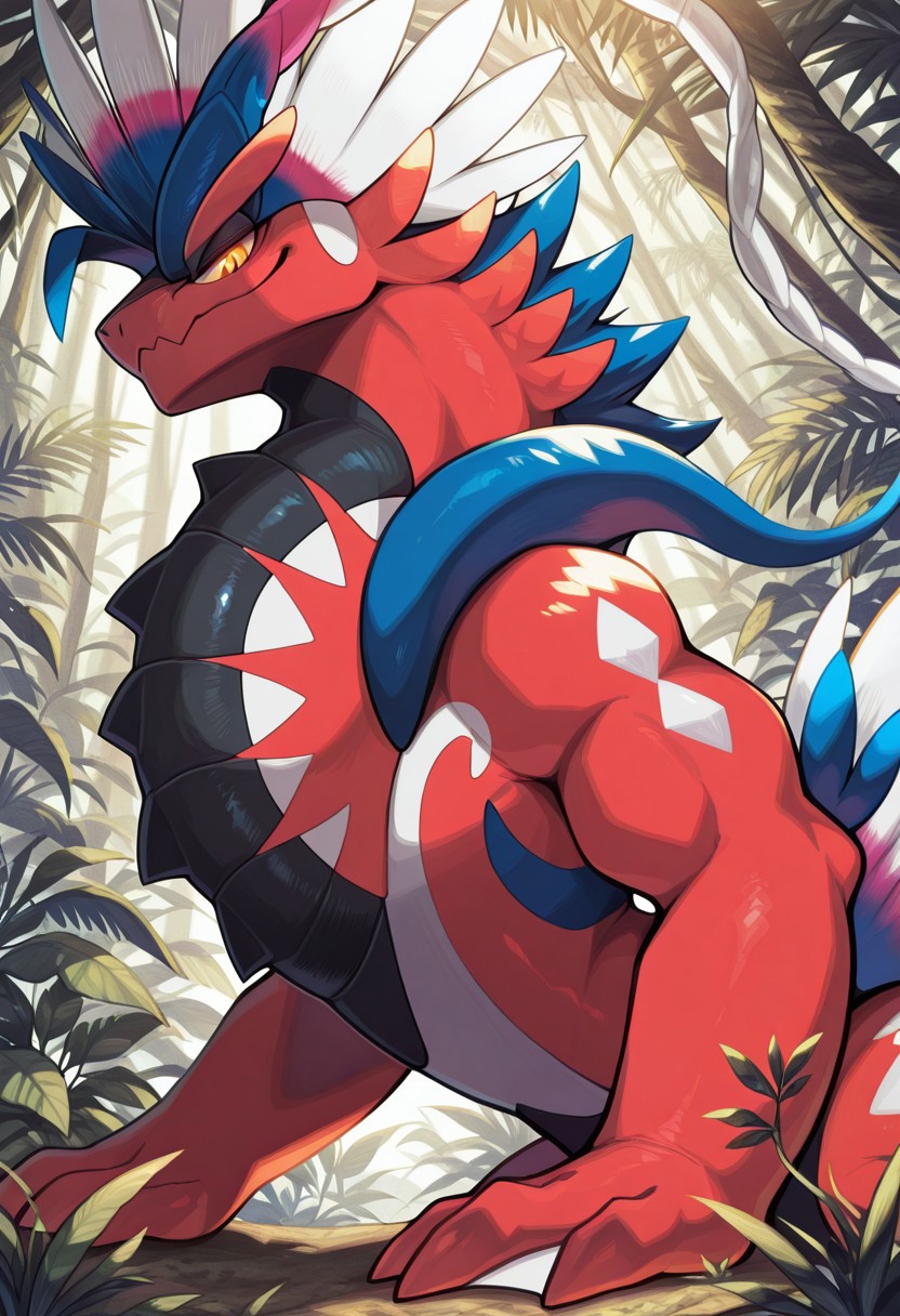 masterpiece,best quality,amazing quality, 1boy, solo, K0r41d0n, pokemon (creature), close up, side angle, smirk, smug, jungle,