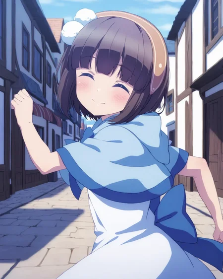 <lora:pochi_ill_v10:0.8> pochi, 1girl, solo, closed eyes, smile, back bow, bow, capelet, blue capelet, running, blue bow, closed mouth, dress, hair ornament, facing viewer, ^_^, blush, pom pom (clothes), large bow, upper body, hairband, town, from side