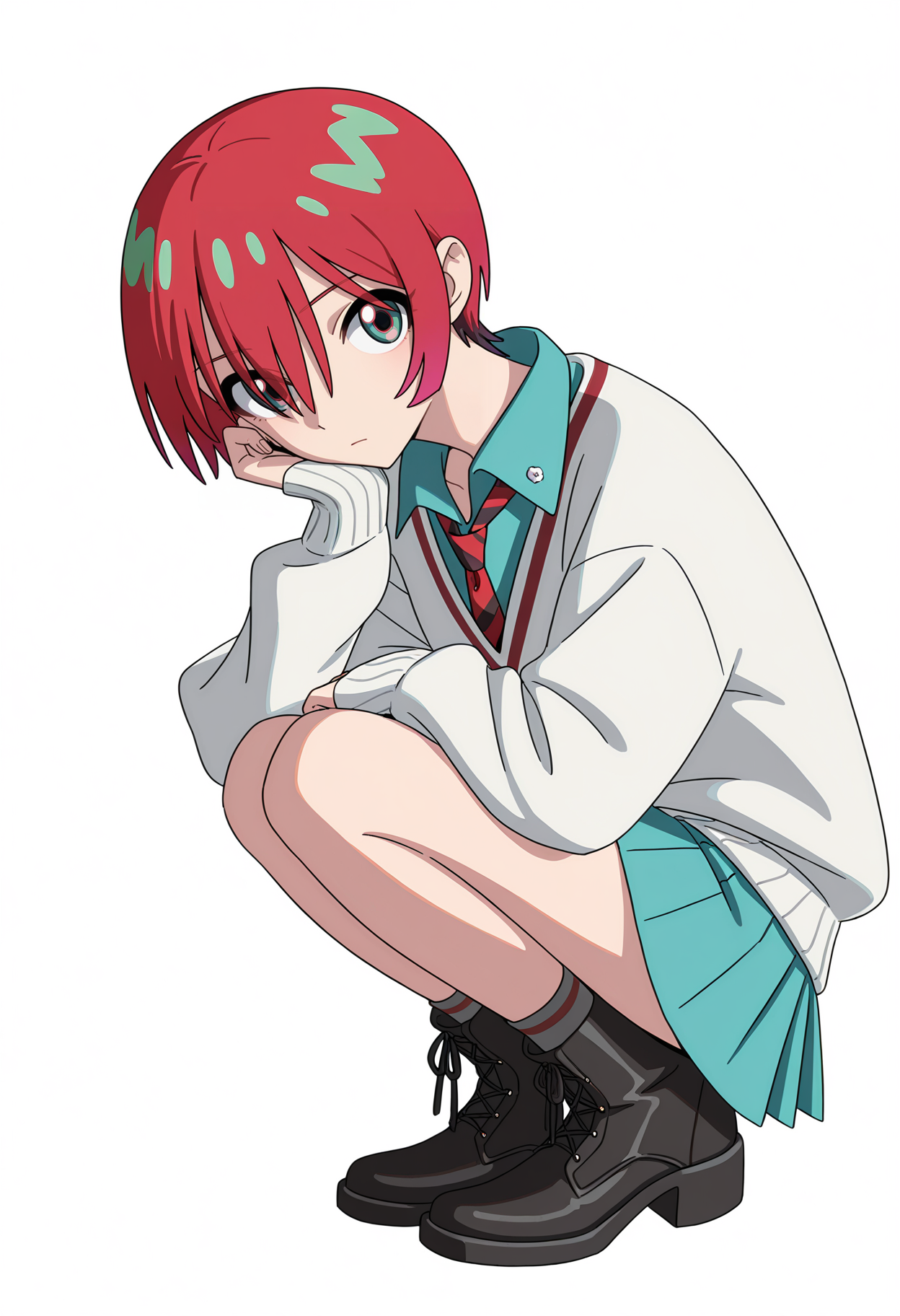 <lora:Amate Yuzuriha_illustrious-000032:1>,
Amate Yuzuriha,red hair,multicolored hair,
solo,pleated skirt,miniskirt,full body,aqua skirt,grey socks,blue shirt,white sweater,red necktie,black footwear,boots,
looking at viewer,simple background,long sleeves,white background,closed mouth,squatting