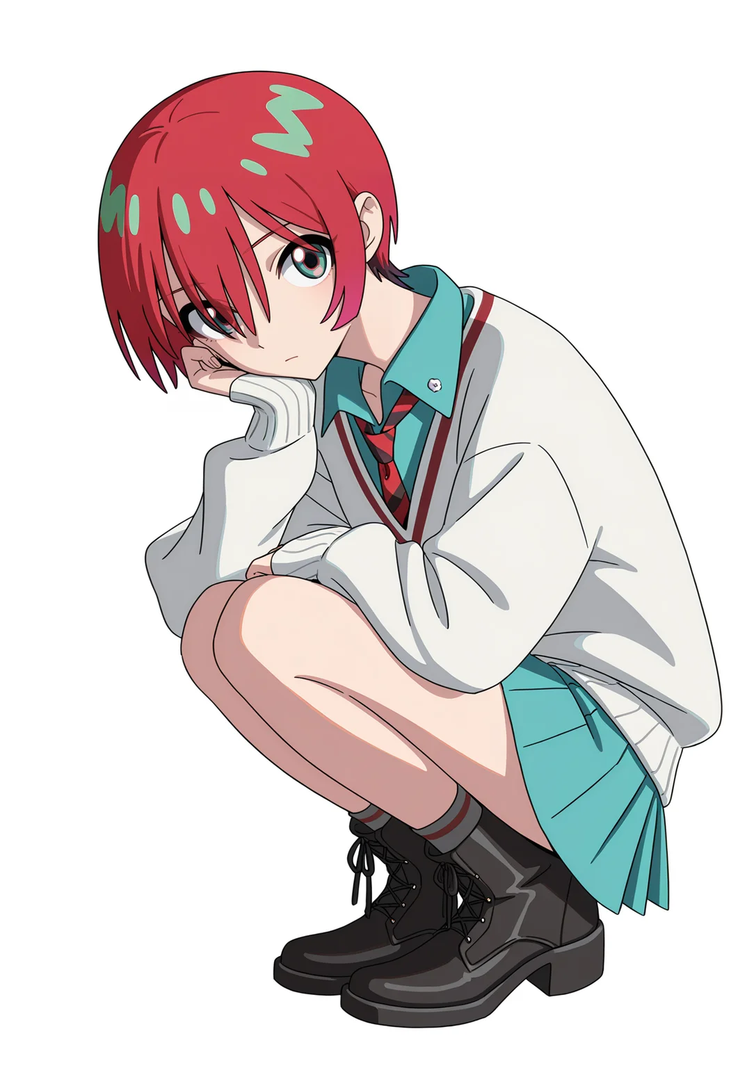 <lora:Amate Yuzuriha_illustrious-000032:1>,
Amate Yuzuriha,red hair,multicolored hair,
solo,pleated skirt,miniskirt,full body,aqua skirt,grey socks,blue shirt,white sweater,red necktie,black footwear,boots,
looking at viewer,simple background,long sleeves,white background,closed mouth,squatting