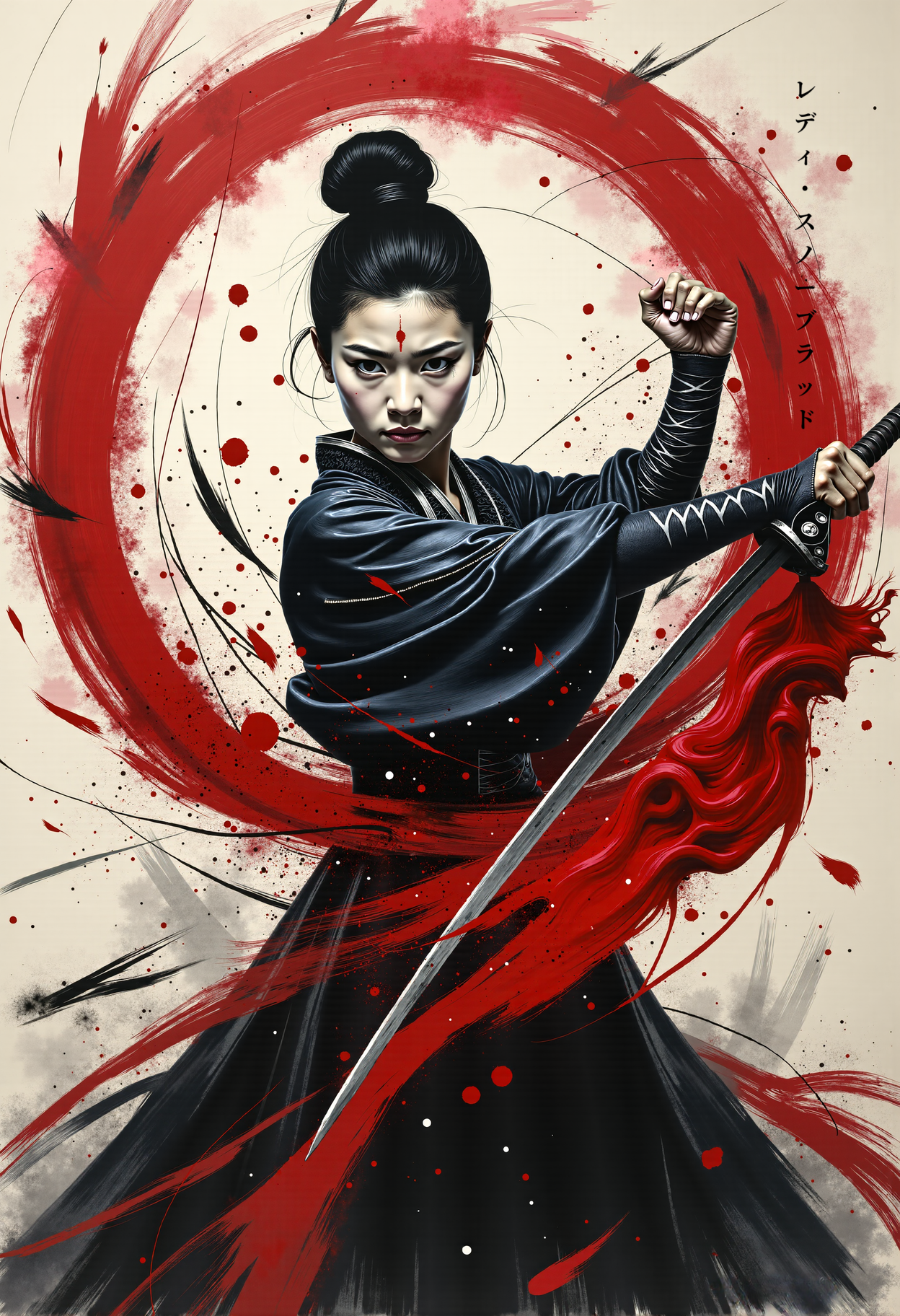 Create an abstract b&w ink painting: A dynamic painting of a woman wielding a sword. The woman is dressed in traditional white clothing with hair tied in a knot, her beautiful face covers in shadow. The scene captures the motion of the sword with bold red and black brushstrokes, creating a dramatic effect. The background is bright, contrasting with the dark and red colors of the figure and brushstrokes. Red splatters and lines add an intense and energetic atmosphere. The painting features a mix of expressionism and abstract art, with symbolic representation of strength and movement. Influences of traditional Japanese art and culture are evident in a dezent monochromatic scheme, primarily with shades of black, white, and red.