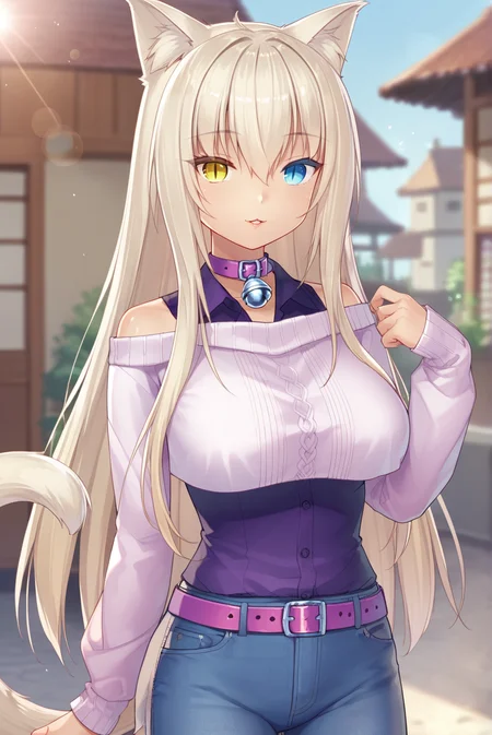 score_9, score_8_up, score_7_up, score_6_up, score_5_up, score_4_up, BREAK source_anime, 1girl,
<lora:CoconutXL-v1-07:0.7>, ChopioCoconut, blonde hair, long hair, very long hair, hair between eyes, cat ears, animal ear fluff, cat girl, blue eyes, yellow eyes, heterochromia, slit pupils, looking at viewer,
large breasts, tail,
outfit_2, pink belt, neck bell, denim jeans, purple shirt, pink sweater, off-shoulder sweater, cropped sweater, buttons, shirt tucked in,
outdoors, sunny, town, window, standing, seductive smile, parted lips, light rays, bokeh, lens flare, depth of field,