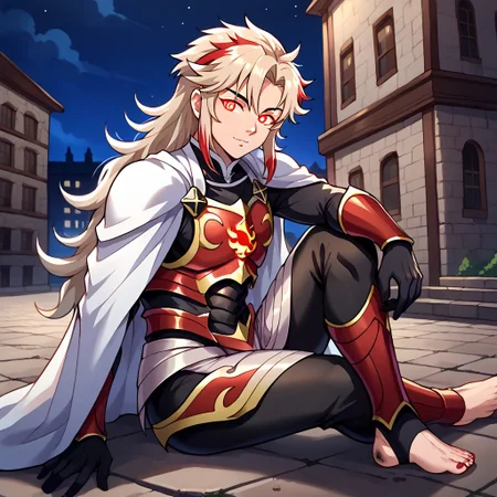 masterpiece, best quality, sharp aliasing, highly detailed, 1male, male body, male,EPfeCorrin, white cape with flames, armour, black gloves, black pants, wearing pants, outdoors, stone tiled ground, buildings, night, barefoot, toeless legwear, armoured legwear, shin armour, leg armour, leg and shin amour, stirrup legwear, black stirrups, 5 toes, Quality, High Definition, Full body view, solo, rengoku kyojuro, forked eyebrowns, long hair, two-tone hair, multicolored hair, red eyes, sword, red toenails, dirty feet, glowing eyes, sitting, side view, sitting on ledge
