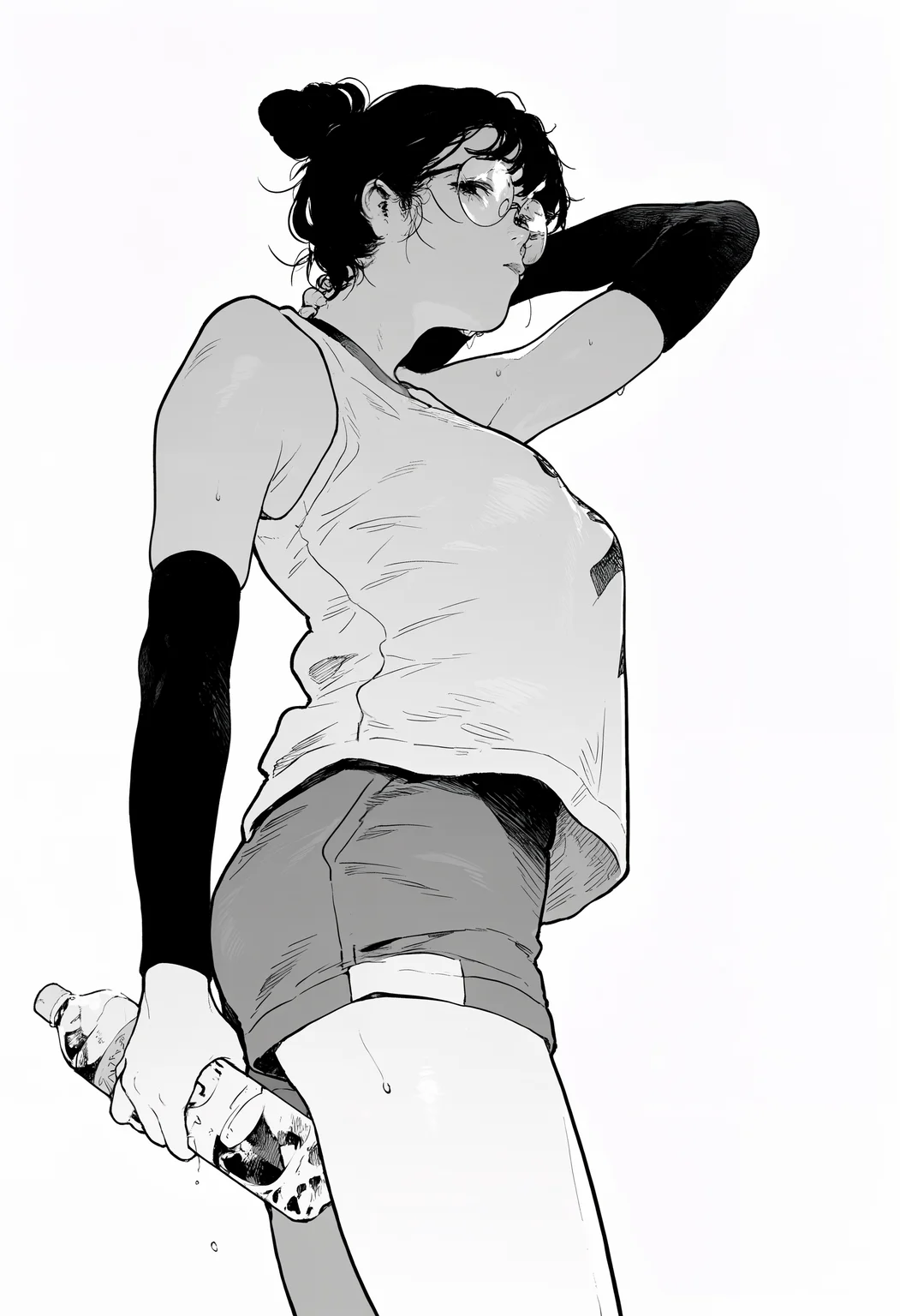 amazing quality, newest, absurdres, realistic, white background, monochrome, hatching \(texture\), 1girl, messy hair, hair bun, black hair, round eyewear, gym uniform, sleeveless shirt, shorts, black elbow sleeve, breasts, side view, from below, hand on own neck, arm behind head, holding bottle, looking at viewer, <lora:takayanagi_katsuya>