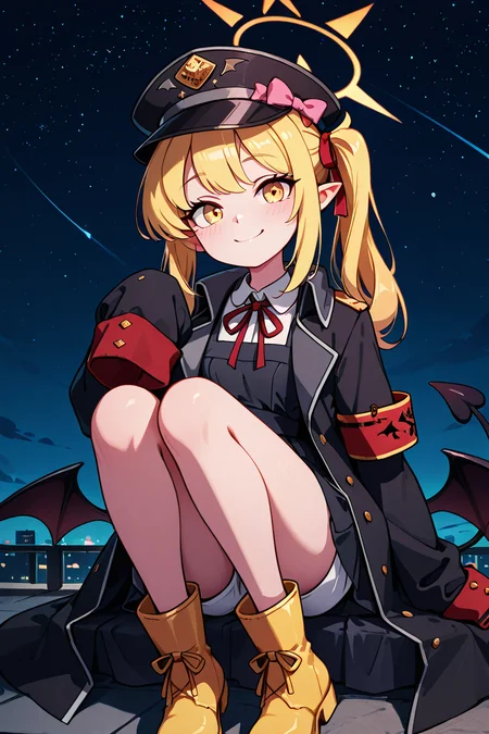 masterpiece, best quality, 1girl, solo, 21 year old model, eyelashes, (beautiful eyes), ,,, zzIbuki, yellow eyes, yellow halo, blonde hair, long hair, tail, side ponytail, horns, demon horns, black horns, hair ribbon, pointy ears, wings, demon wings, black wings, tail, demon tail, horns, black tail, demon horns, black horns, demon girl, low wings, hair ribbon, neck ribbon, black headwear, red ribbon, peaked cap, black coat, collared shirt, long sleeves, open coat, pinafore dress, sleeves past fingers, black dress, hat bow, white shirt, yellow footwear, boots, white shorts, oversized clothes, red armband, military hat, pink bow, <lora:IbukiBlueArchiveIXL:1.0>,,,, smile, looking at viewer, stars, night, luminescent background, <lora:GoldenCATLoraIXL:0.8>, <lora:princess_xl_v2:0.3>,