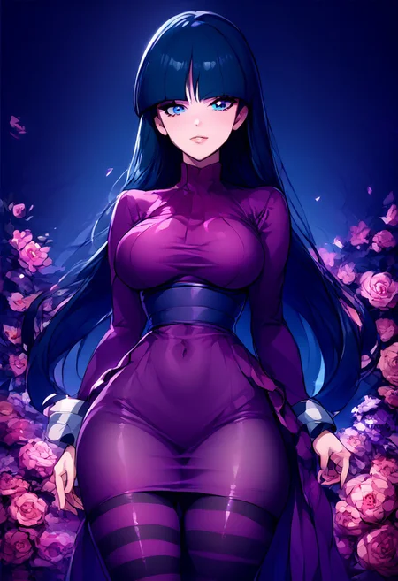 score_9, score_8_up, score_7_up, score_6_up, score_5_up, just describe what you want, tag1, tag2, source_cartoon, rating_suggestive, pokémon, (pokemonsabrina, black hair, long hair, bangs, blunt bangs, dark blue eyes, hime cut, sidelocks, 1girl, beautiful, big breasts, big butt, charming, elegant, female, graceful, (hands, five fingers), long legs, looking at you, perfect legs, sexy, solo, tall, thick thighs, voluptuous, wide hips), (zzLFashion, frilled dress, frills, bow, purple dress, cleavage, pantyhose, striped thighhighs), (standing, posing), (floral background), Vivid, (zPDXL)