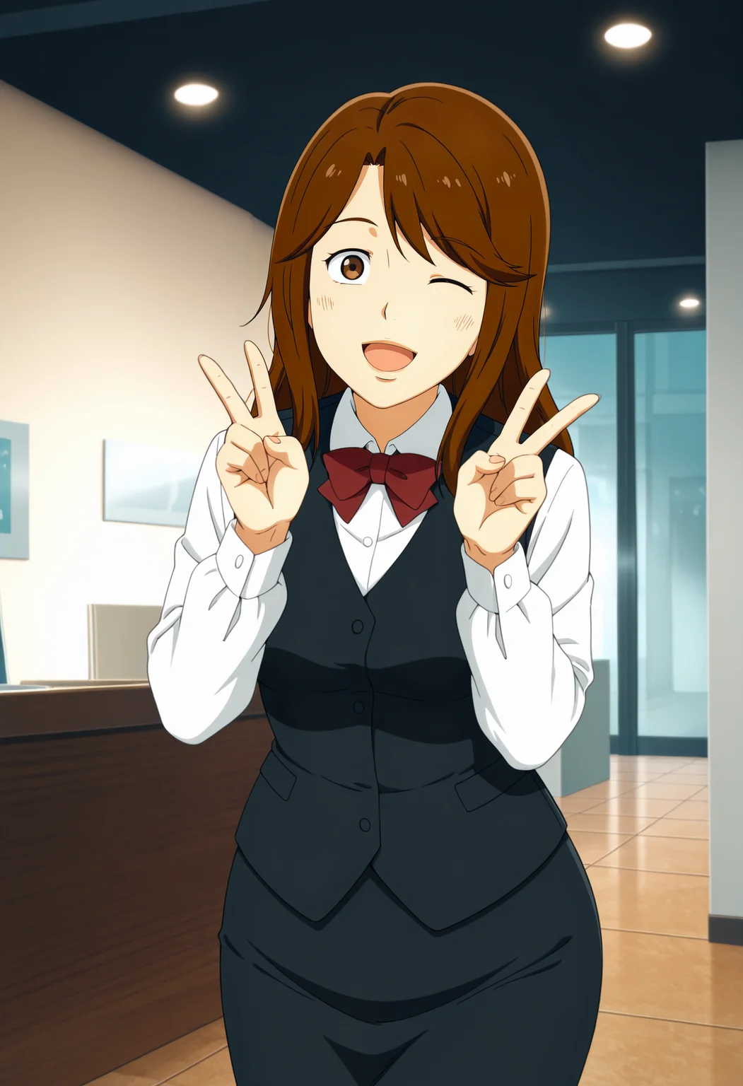 1girl,solo,mm,mature female,long hair,brown hair,brown eyes,anime coloring,
office lady,uniform,bow,vest,white shirt,bowtie,pencil skirt, double v, one eye closed, open mouth, smile, indoors
,masterpiece,best quality,amazing quality,<lora:Mami_Yamaguchi-Thermae_Romae_Novae:0.8>