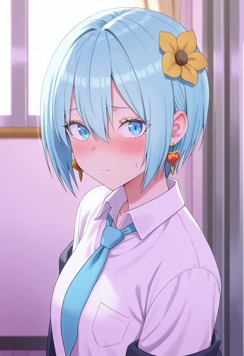 masterpiece,best quality,amazing quality, nonoa, blue hair, blue eyes, short hair, 1girl, solo, earrings, jewelry, hair ornament, flower, necktie, blush, hair flower, blue necktie, looking at viewer, hair between eyes, school uniform, shirt