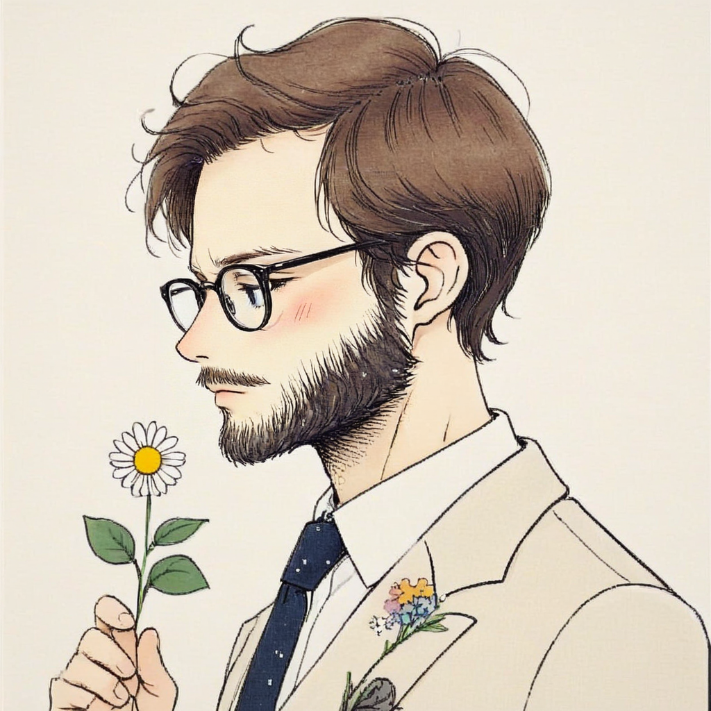 <lora:Delicate_WhimsySDXL:1> ArsMJStyle, Delicate Whimsy, The image shows a man wearing a suit and tie with glasses on and a flower in his hand., 1boy, solo, male focus, facial hair, flower, glasses, necktie, brown hair, beard, profile