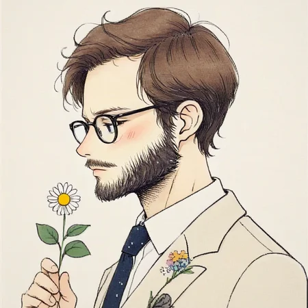 <lora:Delicate_WhimsySDXL:1> ArsMJStyle, Delicate Whimsy, The image shows a man wearing a suit and tie with glasses on and a flower in his hand., 1boy, solo, male focus, facial hair, flower, glasses, necktie, brown hair, beard, profile