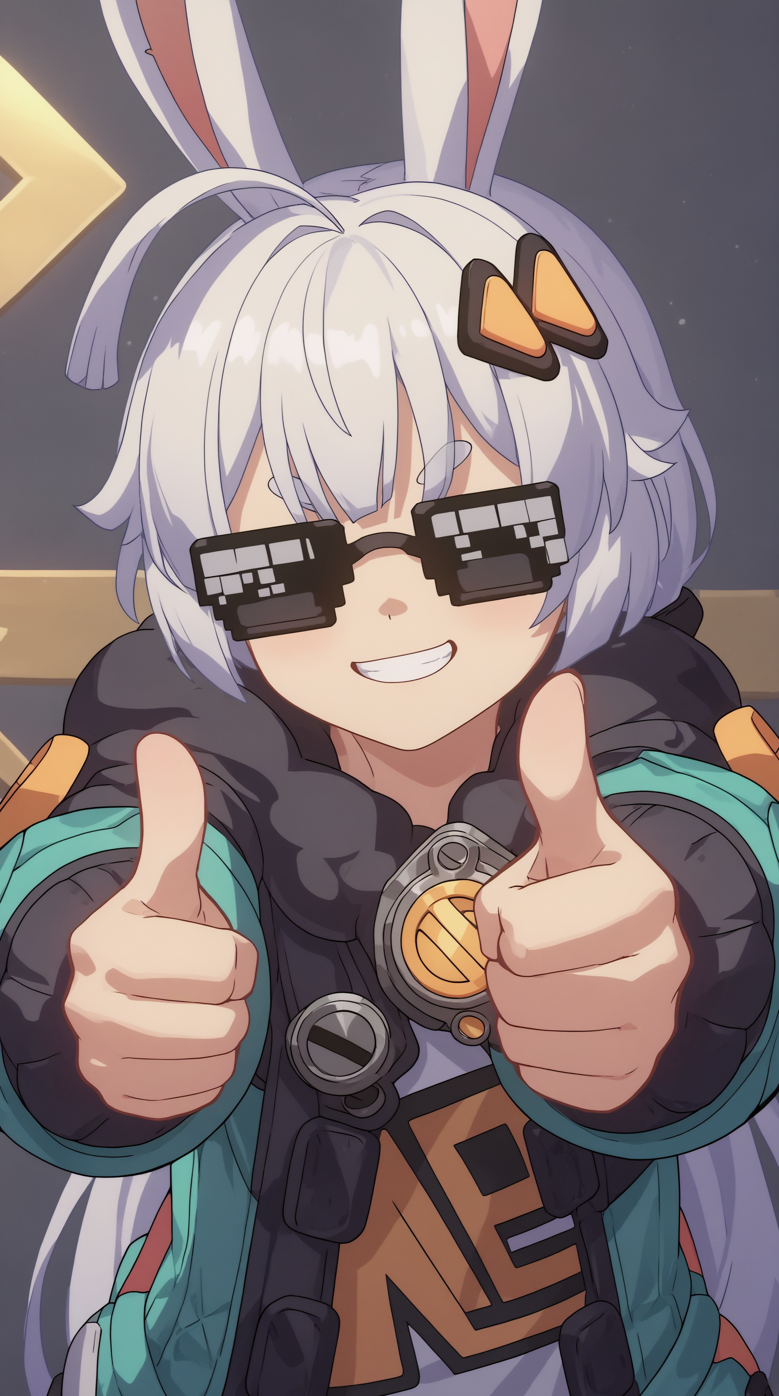 score_9, score_8_up, score_7_up,anime_source, source_anime, best background, detailed background, anime screencap  Taffy, Main Outfit, general, solo, smile, closed mouth, upper body, grin, meme, thumbs up, pixel sunglasses,  <lora:JN_Taffy_Pony:0.8>