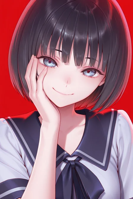 masterpiece, best quality, amazing quality,
<lora:Uta_IL:1> uta, 1girl, solo, short hair, school uniform, looking at viewer, smile, bob cut, serafuku, bangs, (red theme:0.6), sailor collar, head tilt, hand on own face, black hair