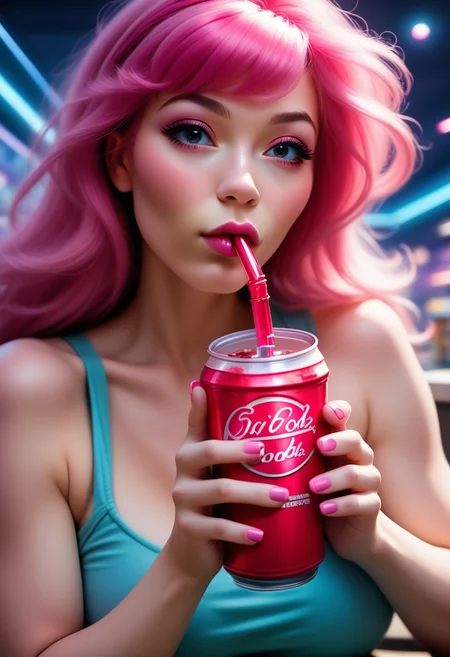 SPACE0pera, 1girl, curvy, pink hair, sipping soda, dynamic, cute, pinup pose, face focus, concept art
