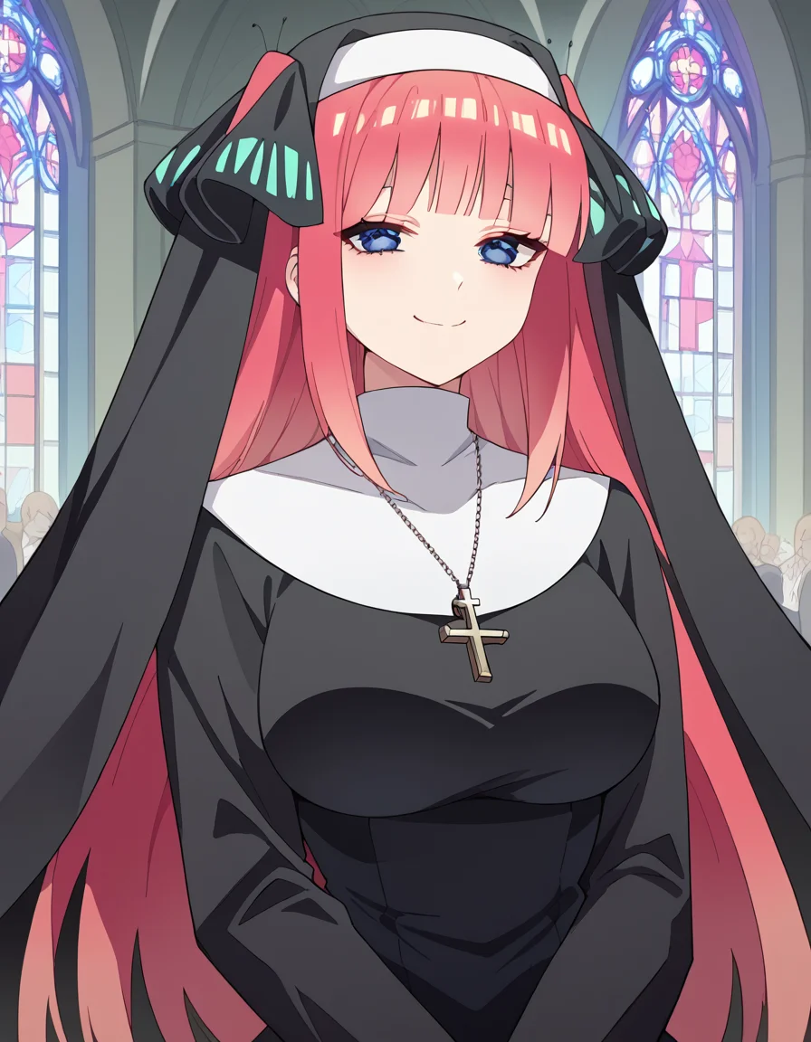 score_9, score_8_up, score_7_up, source_anime, <lora:nnakano-s2-ponyxl-lora-nochekaiser:1>, long hair, bangs, blue eyes, hair ornament, hair ribbon, pink hair, blunt bangs, two side up, butterfly hair ornament, large breasts,, <lora:traditional-nun-ponyxl-lora-nochekaiser:1>, traditional nun, nun, habit, long sleeves, dress, black dress, jewelry, black veil, cross, cross necklace,, church, smug, praying,, cowboy shot
