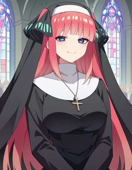score_9, score_8_up, score_7_up, source_anime, <lora:nnakano-s2-ponyxl-lora-nochekaiser:1>, long hair, bangs, blue eyes, hair ornament, hair ribbon, pink hair, blunt bangs, two side up, butterfly hair ornament, large breasts,, <lora:traditional-nun-ponyxl-lora-nochekaiser:1>, traditional nun, nun, habit, long sleeves, dress, black dress, jewelry, black veil, cross, cross necklace,, church, smug, praying,, cowboy shot