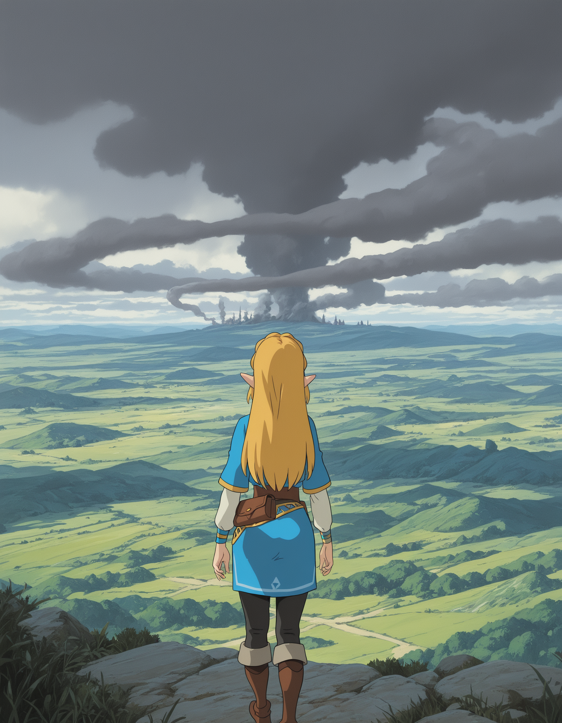 1girl, studio_ghibli, princess zelda, blue tunic, from behind, landscape, smoke, masterpiece, best quality, amazing detail, high definition