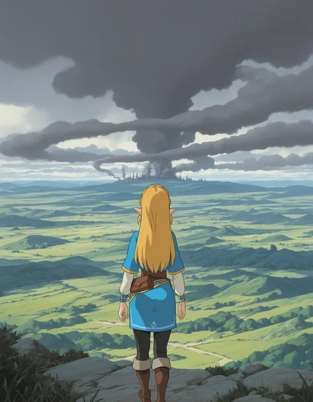 1girl, studio_ghibli, princess zelda, blue tunic, from behind, landscape, smoke, masterpiece, best quality, amazing detail, high definition