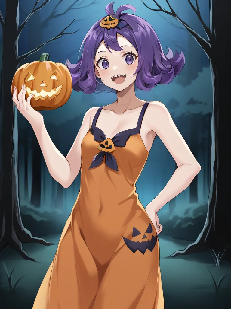 <lora:sumonacerolatsukishiro:0.7>
1girl, solo, acerolasiriguela, purple hair, flipped hair, topknot, hair ornament, orange dress, forest, night, dark forest, black trees, halloween theme, holding, pumpkin, smile, sharp teeth, standing, looking at viewer, open mouth, cowboy shot