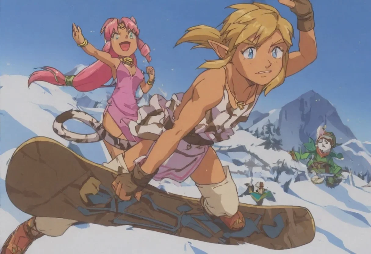 Pink_DragonPink, 1girl, sleeveless dress, white tiger print dress, pelvic curtain, cleavage, cat bell necklace, white tiger tail, red sash, small breasts, leather shoes, masterpiece, very aesthetic, <lora:pink-illustrious:1>,
Break
1boy,Anime screencap,link (zelda),blonde hair,blue eyes,pointy ears, low ponytail, sidelocks, wearing blue hyilian tunic,
Break
Peak of tall snowy mountain, standing in the snow, during a sunny day, pink and link snowboarding on hylian shields, snowboard, snowboards are shields, snowboarding down mountain, sharp decline, leaving a trail through the snow, jumping over viewer