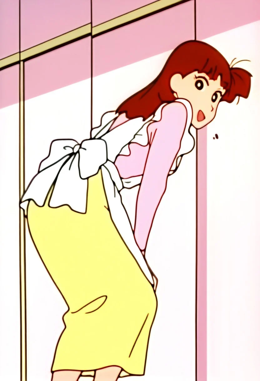 best quality, masterpiece, anime screencap, anime coloring, ultra detailed, source_anime, intricate details, perfect anatomy, sakurada moeko, long hair, brown hair, black eyes, bang, blunt bangs, 1girl, solo, long sleeves, shirt, pink shirt, yellow skirt, long skirt, legs, shiny smile, open mouth, looking at viewer, from behind, apron, white apron,