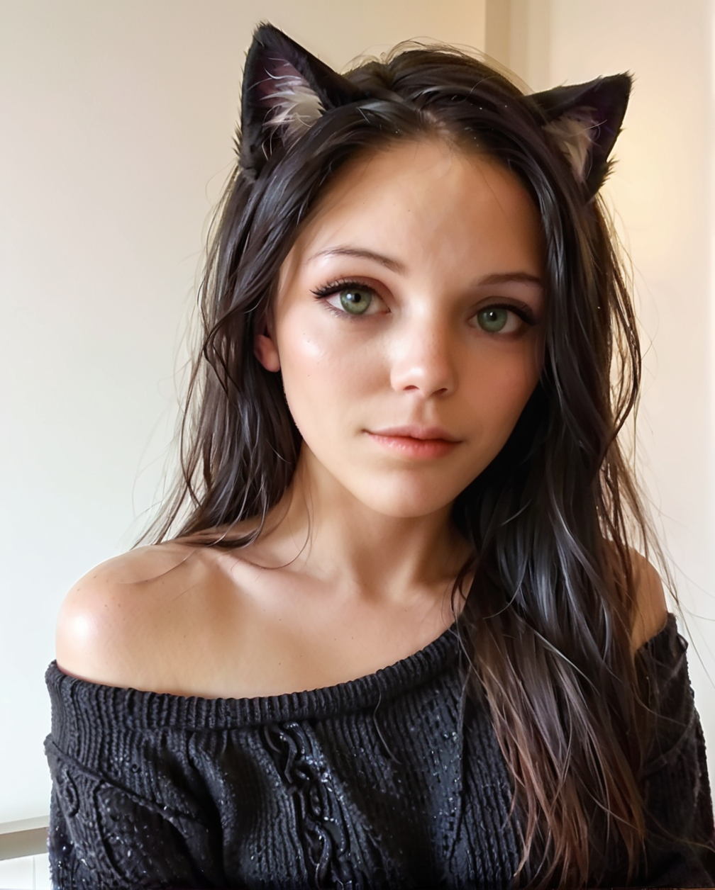 score_9, score_8_up, score_7_up, (realistic:1.20) <lora:LilyCat_epoch_41:1>  lilycat, (black hair, black cat ears:1.2), Beautiful female.  Wearing an oversized one shoulder sweater. Perfect eyes, highly detailed beautiful expressive eyes, detailed eyes framed by long, perfect eyelashes. Elegant black eyeliner. Light make-up. Her skin is flawless. The overall mood is one of calm and introspective beauty. The art style should be hyper-realistic, capturing every minute detail. Studio lighting. 35mm photograph, film, photorealistic, 8k, raw, intricate details.