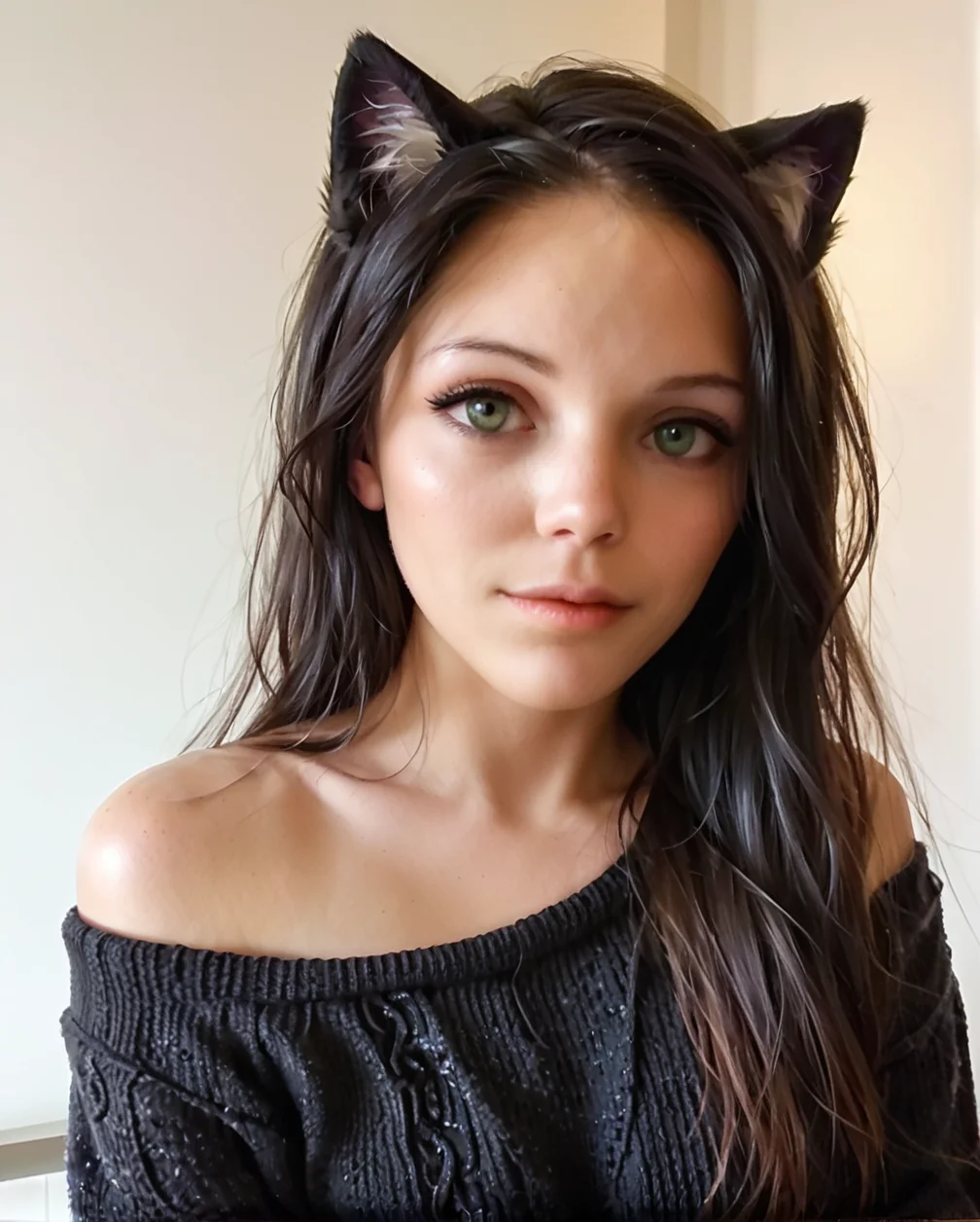 score_9, score_8_up, score_7_up, (realistic:1.20) <lora:LilyCat_epoch_41:1> lilycat, (black hair, black cat ears:1.2), Beautiful female. Wearing an oversized one shoulder sweater. Perfect eyes, highly detailed beautiful expressive eyes, detailed eyes framed by long, perfect eyelashes. Elegant black eyeliner. Light make-up. Her skin is flawless. The overall mood is one of calm and introspective beauty. The art style should be hyper-realistic, capturing every minute detail. Studio lighting. 35mm photograph, film, photorealistic, 8k, raw, intricate details.