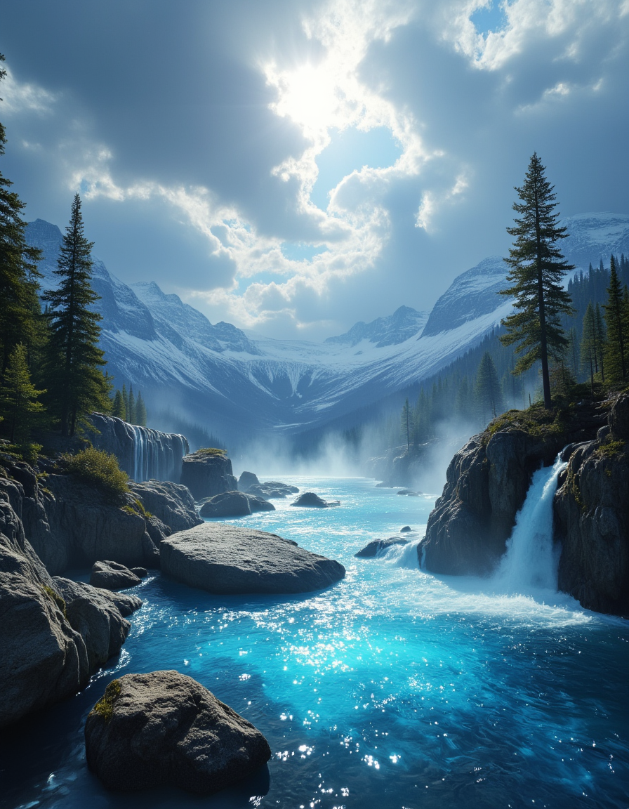 <lora:Medieval_Worlds_Scenery01bflux:1> mwl01, scenery, bokeh, trees, fantasy, rocks, shiny diamonds, photo, rough sea, islands, frozen walls, waterfall, gold, blue, marble, T8, snow, skylight through clouds, mist, clouds