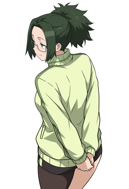 Smooth Quality,masterpiece,very intricate, high quality details, ultra realistic, high detailed skin,
simple background, white background, smug,
from behind,standing, arms behind back, looking up, calm expression, relaxed posture, ,
solo,
<lora:Agari_Himiko_cnn:0.8> agarihimikocnn,1girl,green eyes, short hair,glasses, ponytail,green hair,
track jacket, ,sweater vest, ,single leg pantyhose, ,
Cafekun