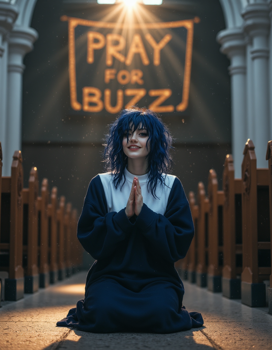 realistic photography,perfect lighting, portrait.
An outstanding photo of a FictionalOpal, alternative girl with messy navy blue hair. She is wearing a nun costume and kneels in prayer, looking at viewer with a smile.
The atmosphere is somber yet punctuated by shafts of golden light with dust particles. View from above, In a gothic church. Large banner behind with the words PRAY FOR BUZZ