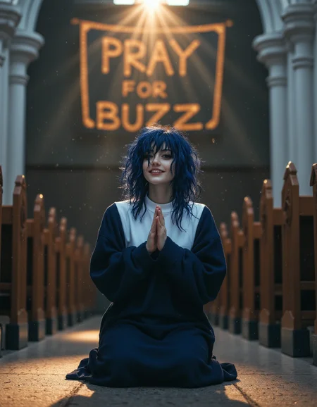 realistic photography,perfect lighting, portrait.
An outstanding photo of a FictionalOpal, alternative girl with messy navy blue hair. She is wearing a nun costume and kneels in prayer, looking at viewer with a smile.
The atmosphere is somber yet punctuated by shafts of golden light with dust particles. View from above, In a gothic church. Large banner behind with the words PRAY FOR BUZZ