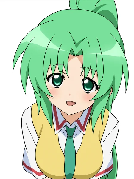 higurashikira, anime screencap, anime coloring, 1girl, solo, smile, open mouth, shirt, green eyes, school uniform, ponytail, :d, necktie, green hair, green necktie, sonozaki_mion, ((simple_background, white_background)), looking_at_viewer, blush, closed_mouth, upper_body, from_above, 
(masterpiece, best quality, absurdres, highres, newest, very awa, year 2024:1.2),  