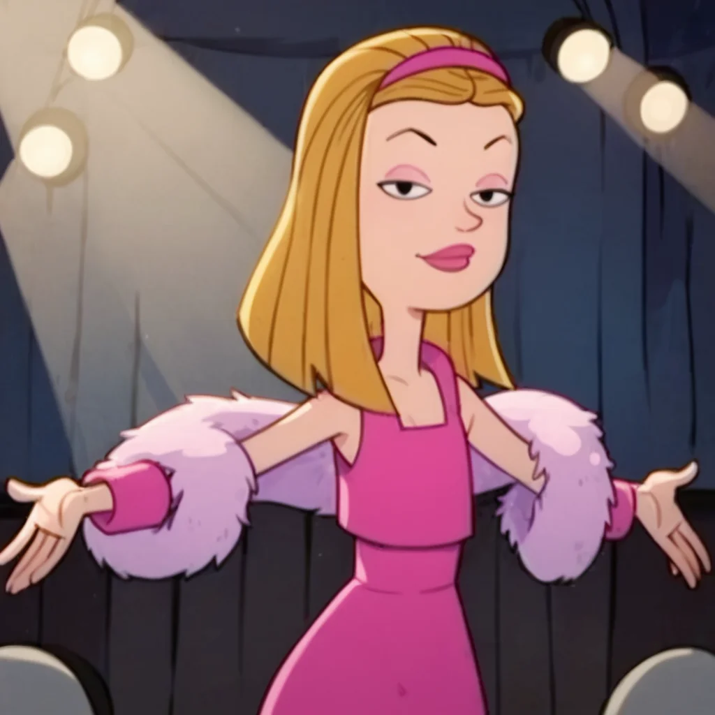 score_9, score_8_up, score_7_up, 1girl, blonde hair, hairband, makeup, narrow waist, wide hips, flat chest, looking at viewer, dress, feather boa, stage, spotlight, high quality, highres, masterpiece, absurdres, <lora:Ashley_A.:1>