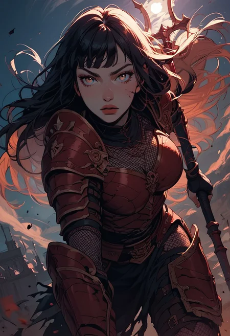 Score_9, Score8_up, Score_7_up, (((High Resolution, Best Quality))), 
1girl, beautiful, breasts, scale armour, battle scarred, damaged armor, fishnets under armor, bangs, long hair, red plated armour, holding staff, battle stance, dynamic angle, ancient fantasy city, battle-ready stance, dynamic pose, at night, moonlight, riding a nimbus cloud, nimbus, wukong theme, directional lighting, viewed from above,