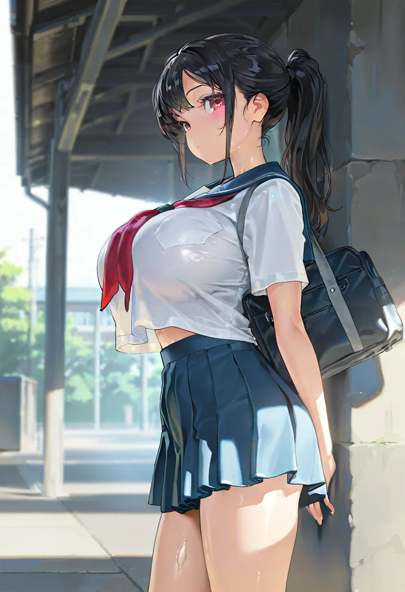 masterpiece, best quality, amazing quality, very aesthetic, absurdres, newest, scenery, volumetric lighting, depth of field, shiny skin,
1girl, solo, skirt, school uniform, bag, black hair, long hair, breasts, pleated skirt, looking at viewer, red eyes, large breasts, blue skirt, serafuku, ponytail, school bag, sailor collar, bangs, outdoors, short sleeves
breast curtains,
masterpiece, best quality, amazing quality, very aesthetic, absurdres, newest, scenery <lora:breast_curtains:1>