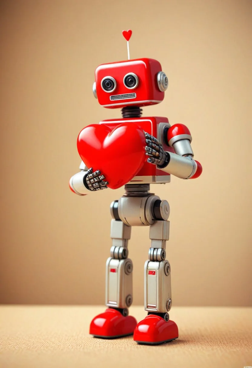 Tilt shift photography style, Diorama page, cute retro Robot carrying a gigantic red heart, arms up, ( Unmanned:1.2),