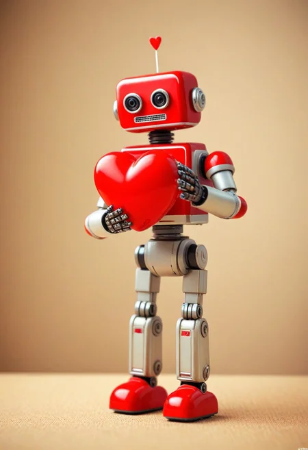 Tilt shift photography style, Diorama page, cute retro Robot carrying a gigantic red heart, arms up, ( Unmanned:1.2),
