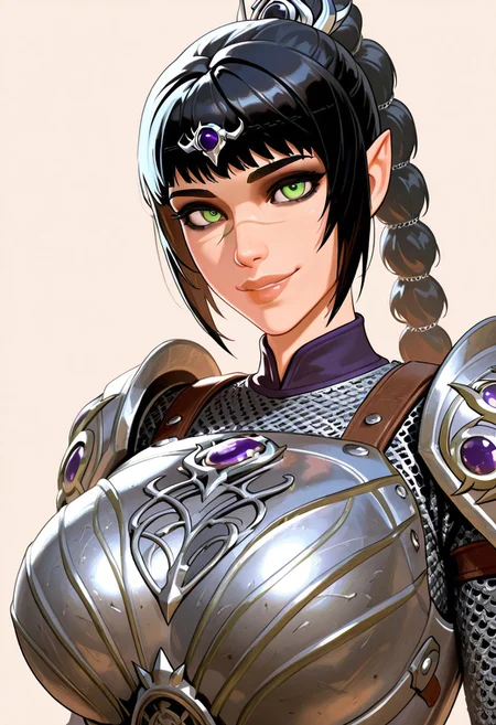 masterpiece,best quality,amazing quality, absurdres, <lora:shadowheart_bg3_ilxl_goofy:1> shadowheart \(baldur's gate\), 1girl, black hair, braid, breasts, elf, detailed eyes, green eyes, large breasts, detailed lips, glossy lips, long hair, looking at viewer, multi-tied hair, pointy ears,scar on face, simple background, smile, solo, body armor, shoulder pads, ,breastplate, chainmail,