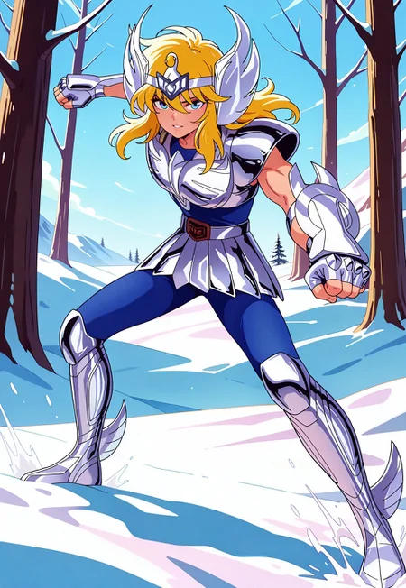 masterpiece, best quality, amazing quality, very aesthetic, absurdres, newest, cygnushyov1, 1boy, blue eyes, slender figure, toned male, swan circlet, silver pauldrons, silver armor, fingerless silver gauntlets, circle plated vambrace, belt, silver tassets, blue pants, silver greaves, blue undershirt, belt buckle, wavy blonde hair, sleeveless, action pose, looking at viewer, full body, snowy backdrop, simple backdrop