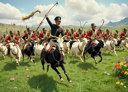 cinematic movie scene, a military battle with cavalry men on goats charging across a lush green landscape with green grass and colorful flowers, holding pool noodles
<lora:Napoleonic_Battle_SDXL:0.8>