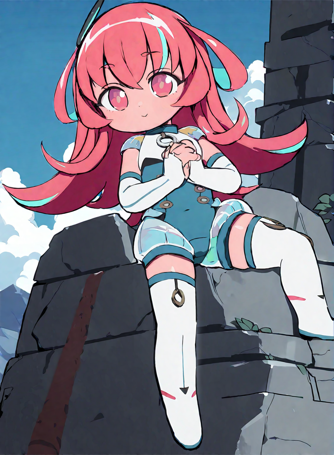 (1girl:1.2),(solo:1.2),masterpiece,best quality,highly detailed,best quality,illustration,highres,extremely detailed wallpaper,sketch,flat color,anime screencap,third-party edit,
nice hands,perfect hands,
chibi,pink hair,pink eyes,thigh boots,thighhighs,long hair,(mountain background),happy,<lora:AganLoraXL:0.9>,climbing