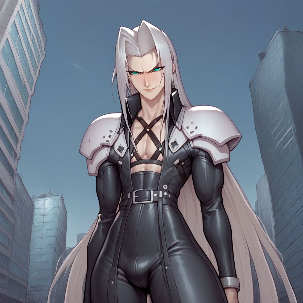 score_9, score_8_up, score_7_up, flightless detailed closeup action shot, from front, Sephiroth leaping through the air swinging very long sword in a wide overhead arc, smug expression, dynamic pose, exaggerated perspective emphasizing action, in an industrial city at night, dim street lighting, solo, beautiful, androgynous, flat chest, leather straps, broad shouldered, long draping leather overcoat, high contrast, industrial cityscape background,