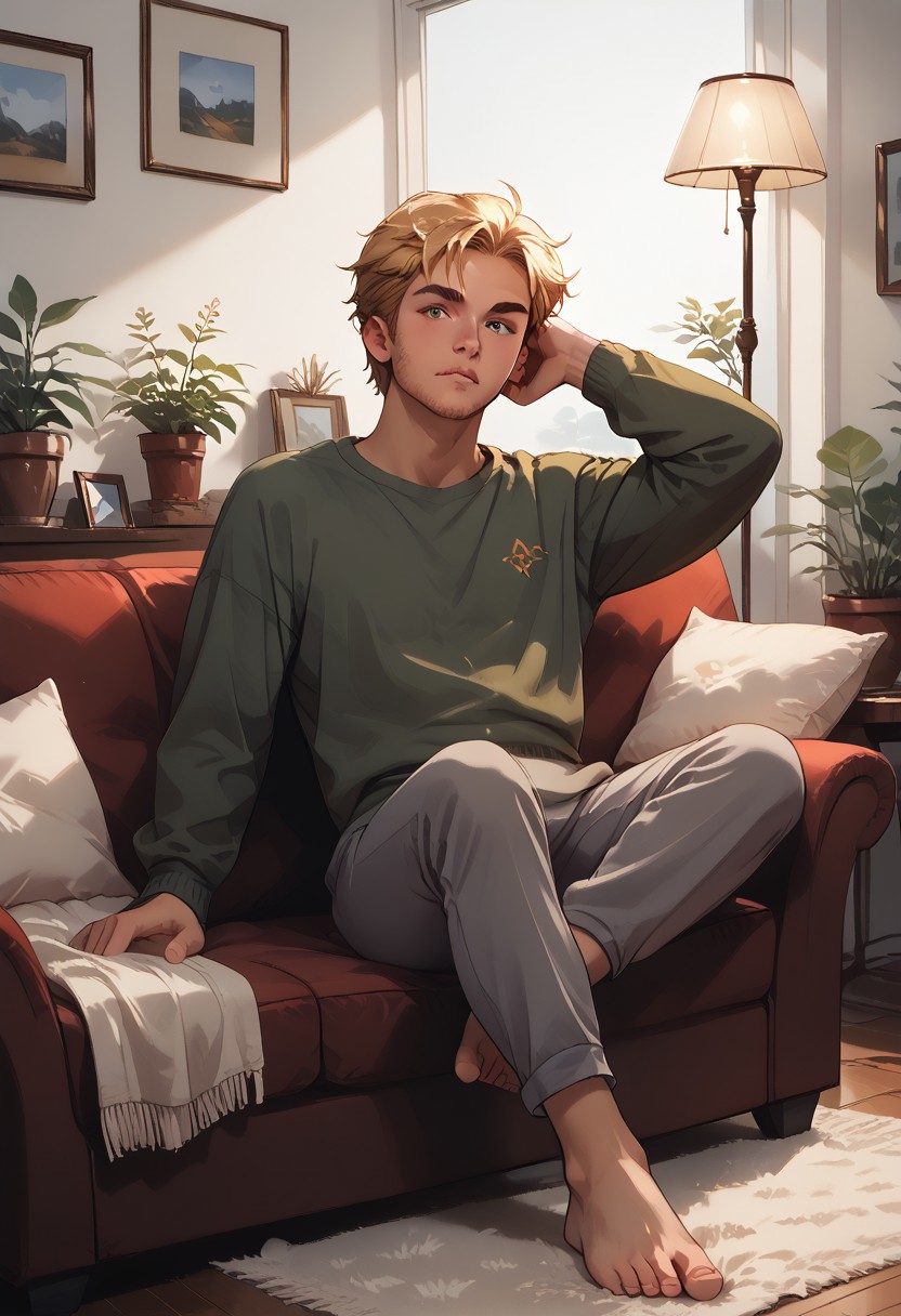 score_9, score_8_up, score_7_up, score_6_up, masterpiece, best quality, detailed eyes, detailed face. A handsome blonde man with short hair wearing a green t-shirt and gray sweatpants, barefoot, is seated on a brown leather sofa, lounging and resting his legs on a glass coffee table situated in front of the sofa. Putting one hand behind his head. A large white rug beneath the table. A painting hangs on the wall above the sofa, next to a table lamp. A potted plant on the glass coffee table. Panoramic half-curtained window on the left. White walls and laminate flooring make up the expensive, bright living room, beautiful detailed interior