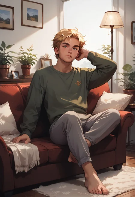 score_9, score_8_up, score_7_up, score_6_up, masterpiece, best quality, detailed eyes, detailed face. A handsome blonde man with short hair wearing a green t-shirt and gray sweatpants, barefoot, is seated on a brown leather sofa, lounging and resting his legs on a glass coffee table situated in front of the sofa. Putting one hand behind his head. A large white rug beneath the table. A painting hangs on the wall above the sofa, next to a table lamp. A potted plant on the glass coffee table. Panoramic half-curtained window on the left. White walls and laminate flooring make up the expensive, bright living room, beautiful detailed interior