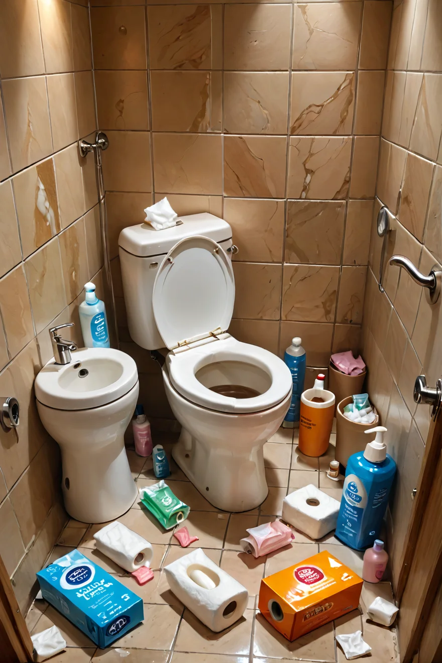 ( highly professional, dramatic lighting, extremely beautiful:1.4),masterpiece,high quality,highres,hyper detailed,(intricate details, masterpiece, best quality:1.4),(8k, RAW photo, highest quality),hyper realistic,intricate abstract,intricate artwork,abstract style,highly detailed,(intricate details),hdr,(intricate details, hyper detailed:1.2),cinematic shot,extremely high-resolution details,photographic,realism pushed to extreme,fine texture,incredibly lifelike,,,ruanyi0181,indoors,toilet,no humans,bottle,box,bucket,cardboard box,condom,condom wrapper,cum,cup,electrical outlet,faucet,lotion bottle,multiple condoms,shower head,soap,soap bottle,tile floor,tile wall,tiles,tissue,tissue box,toilet paper,toothbrush,towel,trash can,used condom,used tissue,water,<lora:WildcardX-XL-Detail-Enhancer:1>,<lora:0181 dirty toilet_xl_v2:1>