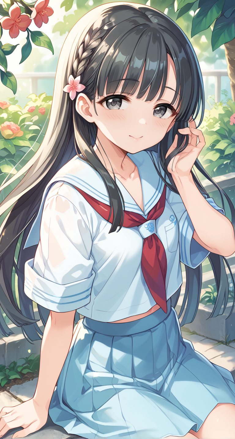 score_9,score_8_up,score_7_up,
official art,official style,game cg,megami magazine,
uncensored,
1girl,
kbykwse school,kobayakawa sae,bangs,blue skirt,blunt bangs,collarbone,flower,
grey eyes,black hair,
hair ornament,highres,long hair,
neckerchief,pleated skirt,sailor collar,school uniform,serafuku,shirt,short sleeves,skirt,white shirt,
blue sailor collar,blue serafuku,blue shirt,blush,red neckerchief,
eyebrows visible through hair,braid,
flower,hair flower,hair ornament,highres,
bangs,blunt bangs,bow,
<lora:idolmaster_kobayakawa_sae_pony_v1:1>,