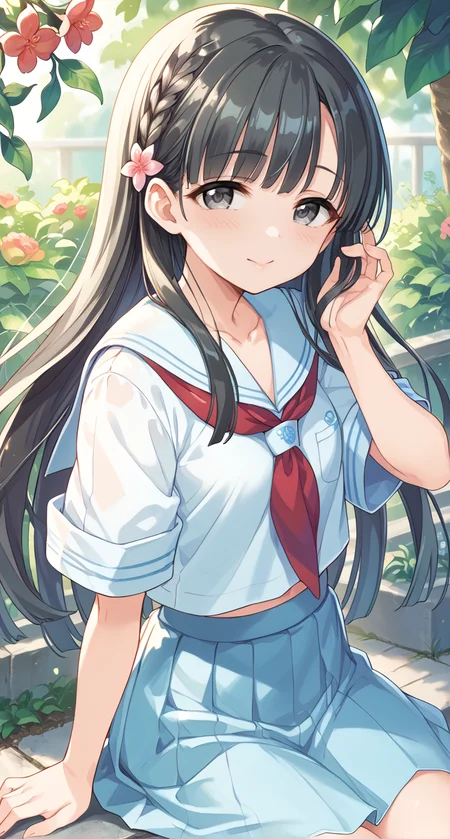 score_9,score_8_up,score_7_up,
official art,official style,game cg,megami magazine,
uncensored,
1girl,
kbykwse school,kobayakawa sae,bangs,blue skirt,blunt bangs,collarbone,flower,
grey eyes,black hair,
hair ornament,highres,long hair,
neckerchief,pleated skirt,sailor collar,school uniform,serafuku,shirt,short sleeves,skirt,white shirt,
blue sailor collar,blue serafuku,blue shirt,blush,red neckerchief,
eyebrows visible through hair,braid,
flower,hair flower,hair ornament,highres,
bangs,blunt bangs,bow,
<lora:idolmaster_kobayakawa_sae_pony_v1:1>,