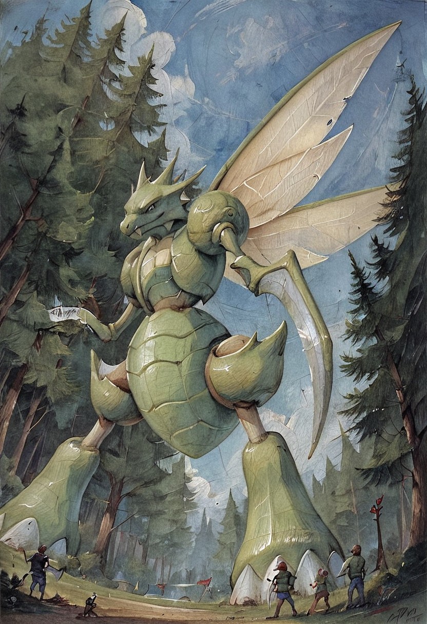 score_9, score_8, score_7, forest, night, low-angle_view, (Scyther, (giantess), male, slim), gothic art, oil painting, traditional media, realistic, best_quality